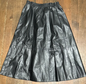 Vintage 80s 90s Northside Fashions Black Leather Midi Skirt Medium Elastic Waist